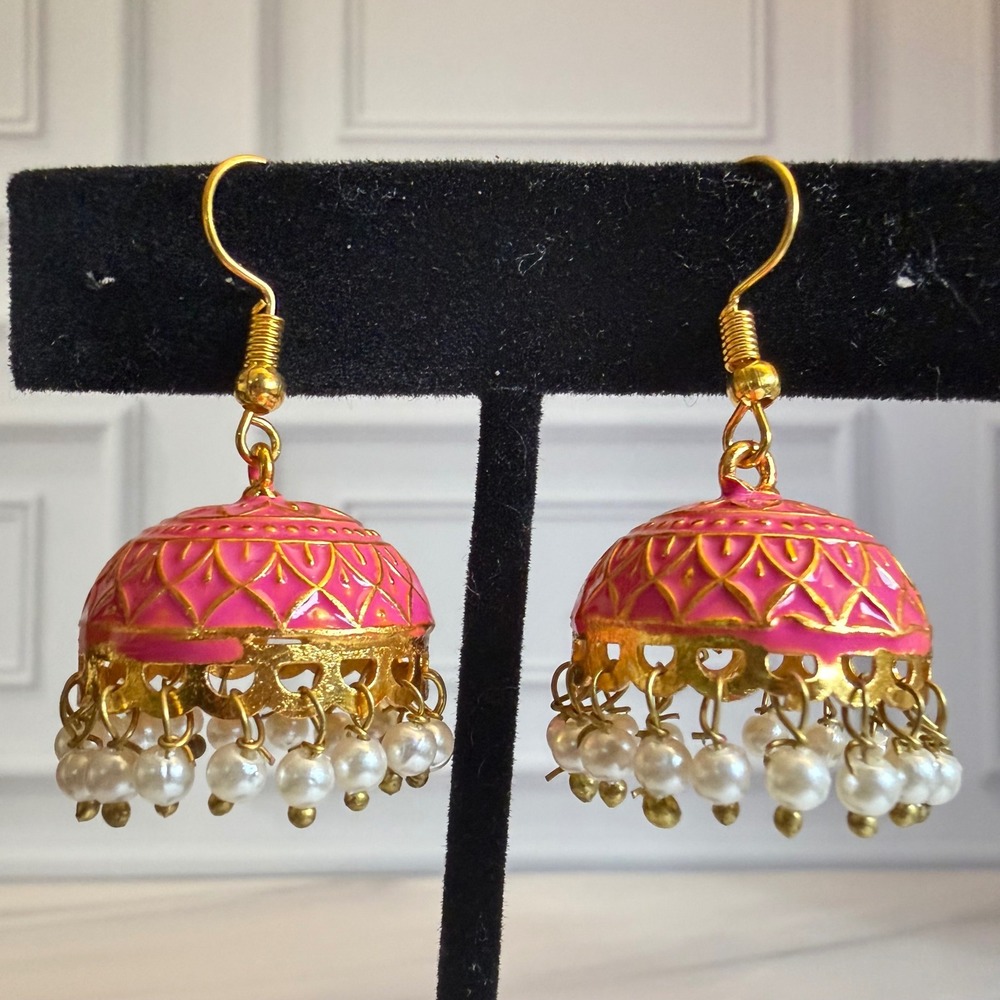 Vintage Pink Enamel Earrings Gold Tone Faux Pearl Indian Ethnic Drop Dangle